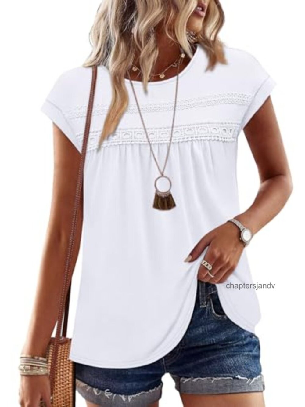 Women's Lace Crochet Cap Sleeve T-Shirt Casual Loose Blouse